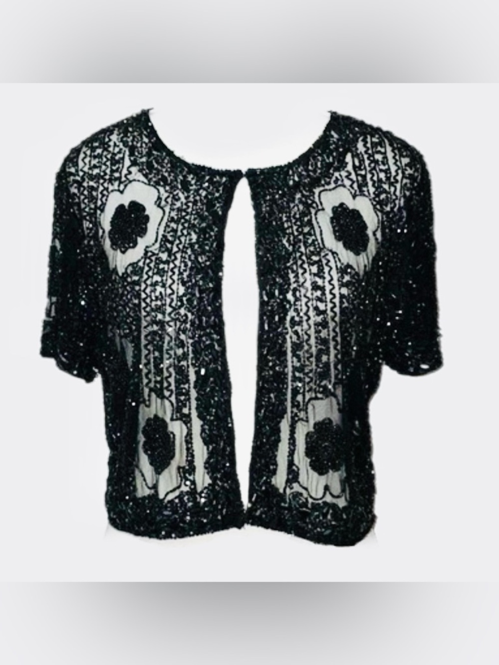 Adrianna Papell Black Beaded Sheer Embellished Cardigan Shrug Size Small